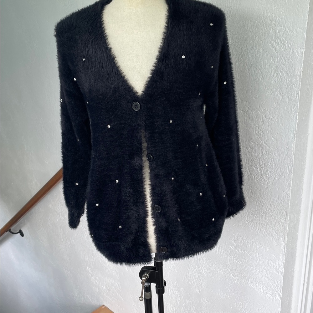 Zara Jet Black‎ Rhinestone Fuzzy Cardigan Sweater V-Neck Knit Size 9/10